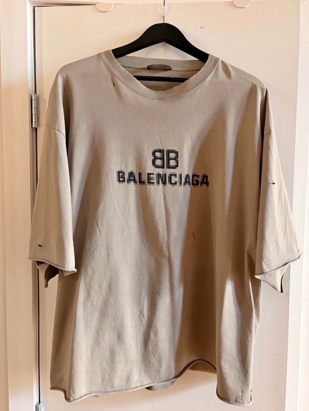 Balenciaga Pixel Logo Beige Short-Sleeve Logo Tee